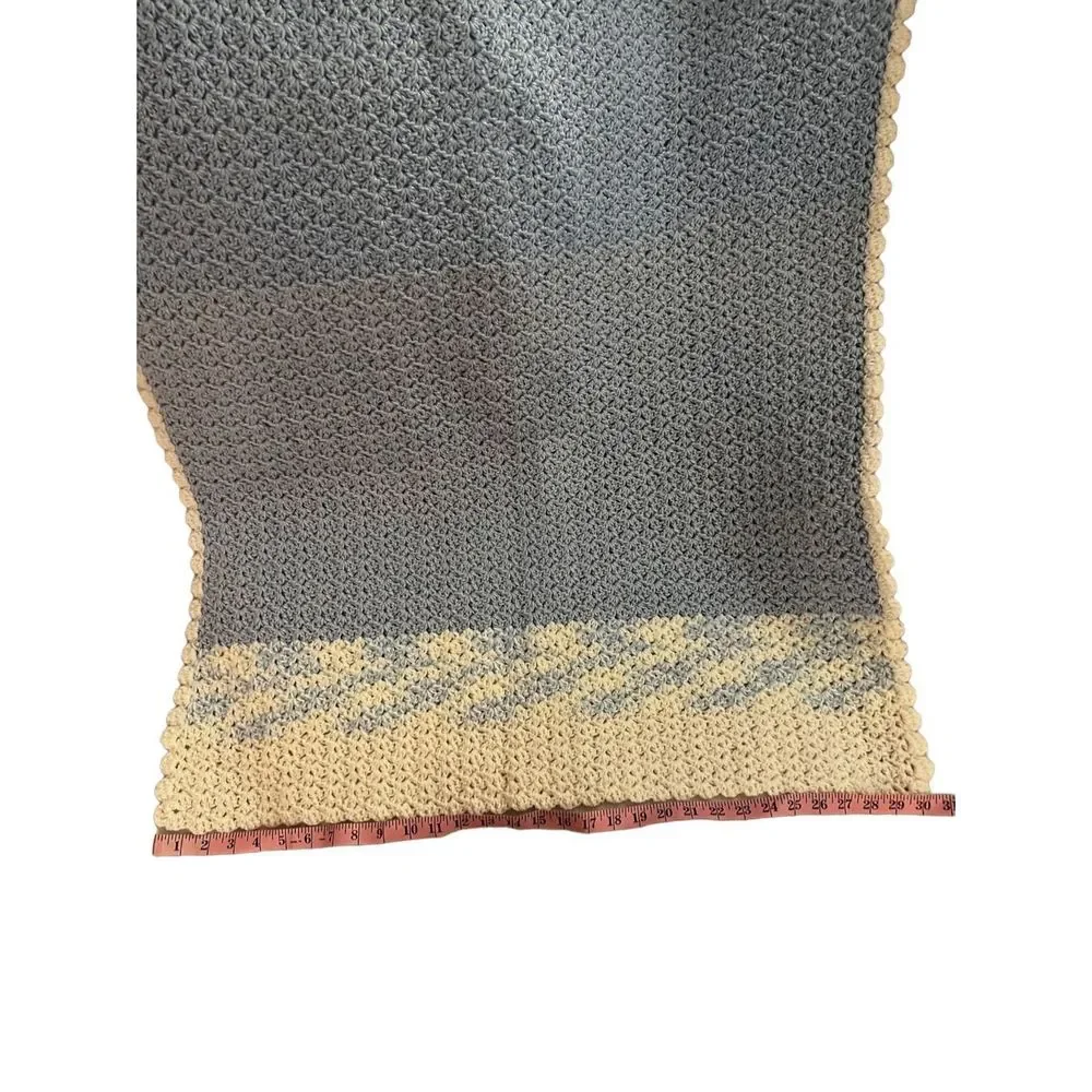 Handmade Knit Crochet Baby Blanket Pastel Blue White Lap Blanket Size 30”‎ X 35”